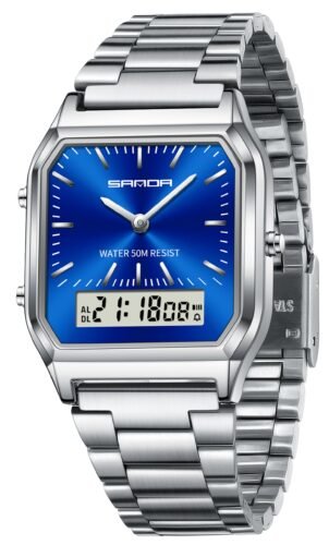 Findtime Analogue Digital Watch for Women Men 5ATM Waterproof Watch Stopwatch Alarm Wrist Watch Stainless Steel Business Silver Watch LED Backlight Casual Ladies Watch